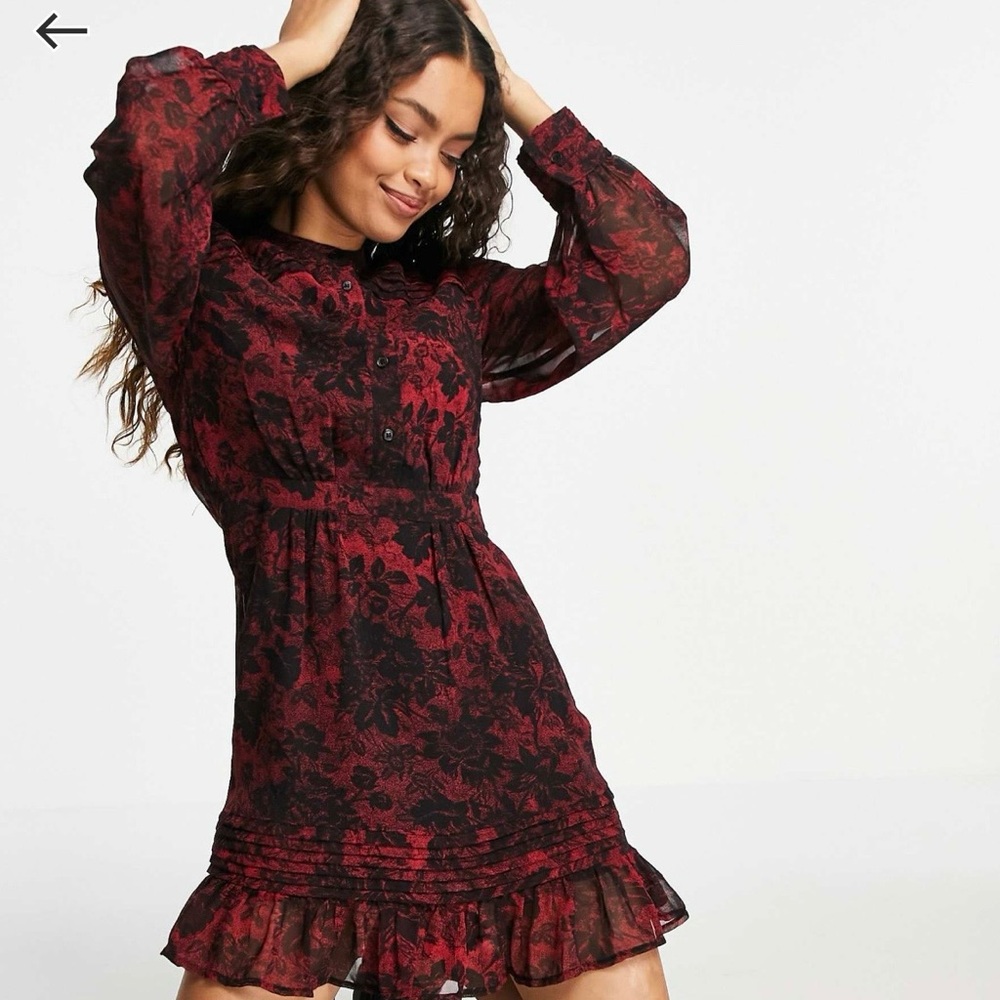 Topshop Black and Red Floral Long Sleeve Dress